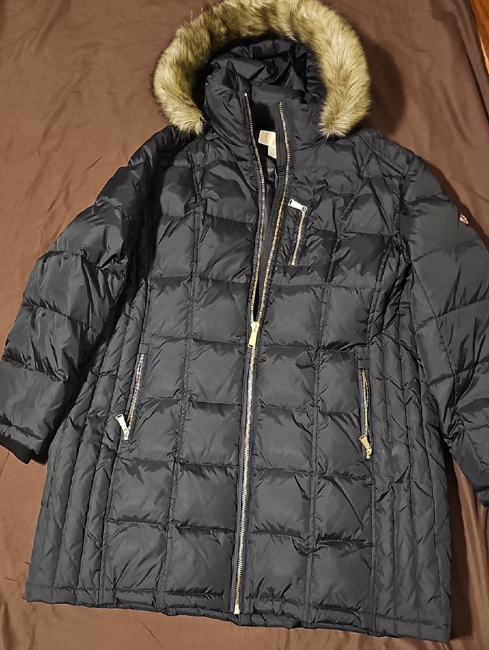 Michael KorsWomen's Black Quilted Puffer Coat with Faux Fur Trim Hood
